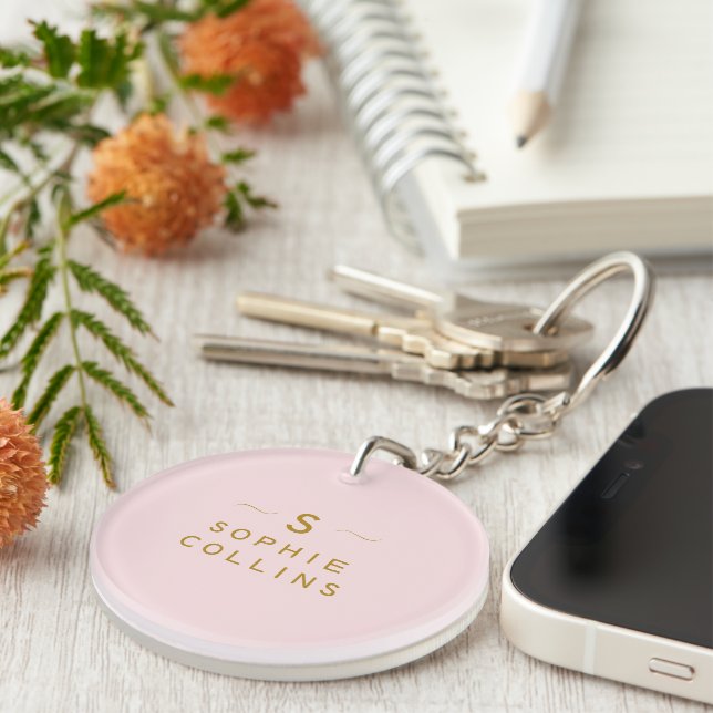 Monogram Blush Pink Gold Minimalist Elegant Name T Keychain (Front Right)