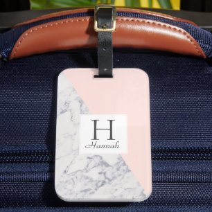 Monogram Blush Pink Marble Pattern Girly Luggage Tag