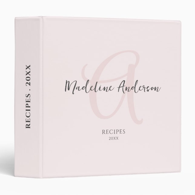 Monogram Blush Pink Modern Minimalist Feminine Binder (Front/Spine)