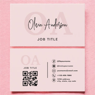 Monogram Blush Pink QR Code Modern Minimalist Business Card