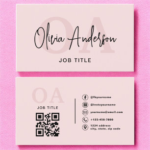 Monogram Blush Pink QR Code Modern Minimalist Business Card