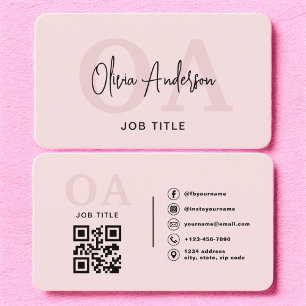 Monogram Blush Pink QR Code Modern Minimalist  Business Card