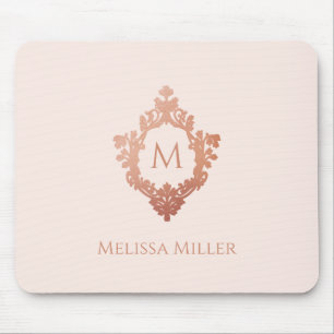 Monogram Blush Pink Rose Gold Crest Name Elegant Mouse Pad