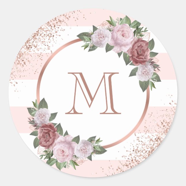 Monogram Blush Pink Rose Gold Floral  Classic Round Sticker (Front)