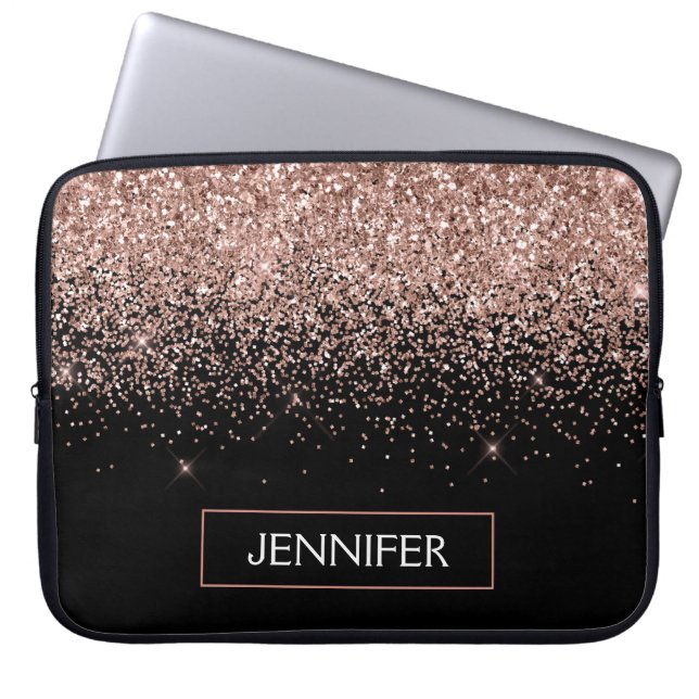 Monogram Blush Pink Rose Gold Glitter & Sparkle Laptop Sleeve (Front)