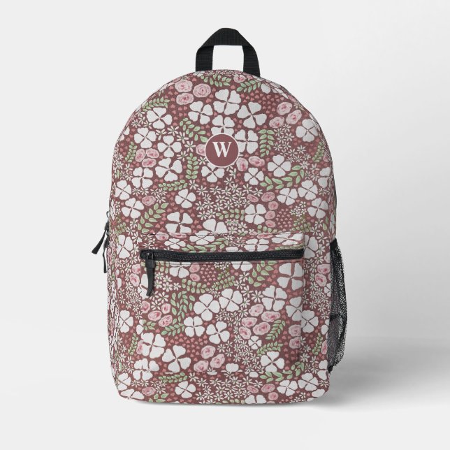 Monogram Blush Pink Roses White Floral Gold Rose Printed Backpack (Front)