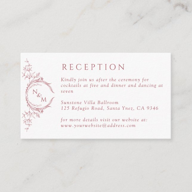Monogram Blush Pink Watercolor Wedding Reception Enclosure Card (Front)