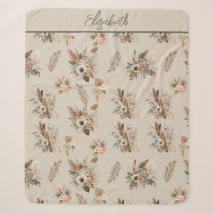 Monogram Boho Beige Green Pink Floral Botanical Sherpa Blanket