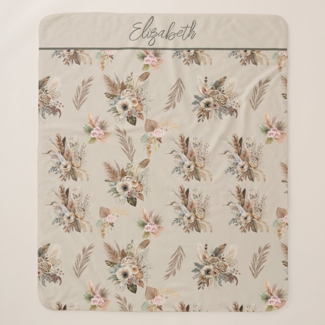Monogram Boho Beige Green Pink Floral Botanical  Sherpa Blanket (Front)