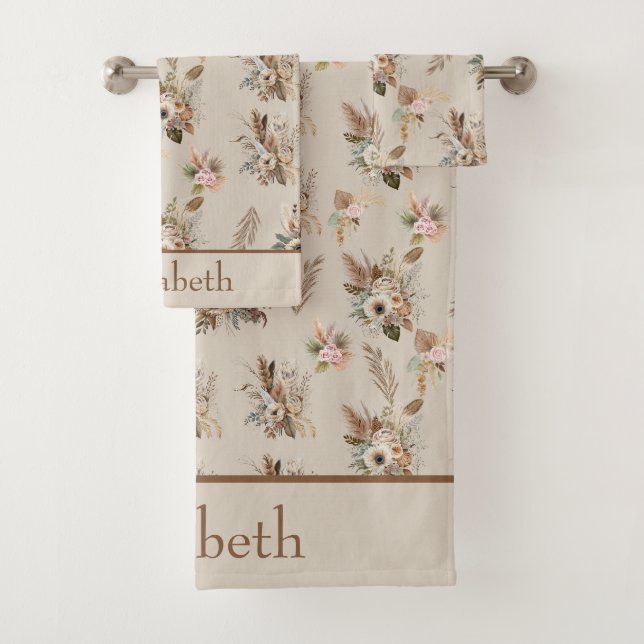 Monogram Boho Beige Marron Botanique Herbe Floral  (En situation)