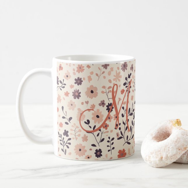 Monogram Boho Blush Pink Beige Coral Wildflower Coffee Mug (With Donut)