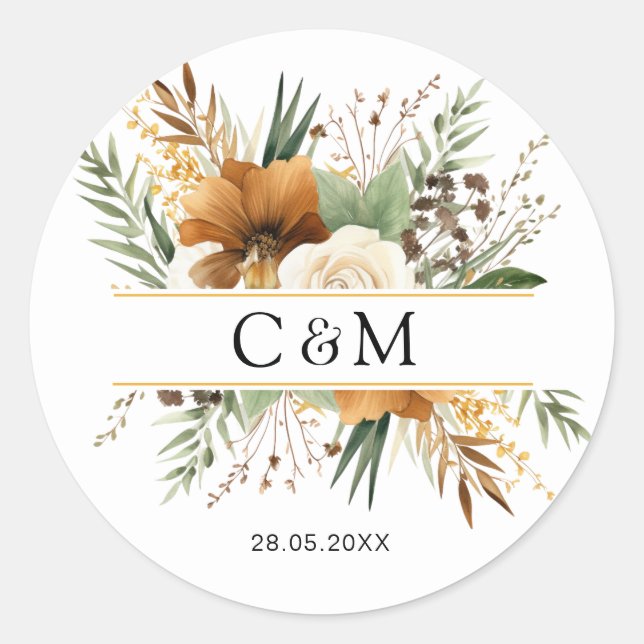 Monogram, boho ,elegant flower boquet classic round sticker (Front)