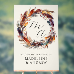 Monogram Boho Feathers Wreath Mariage Bienvenue