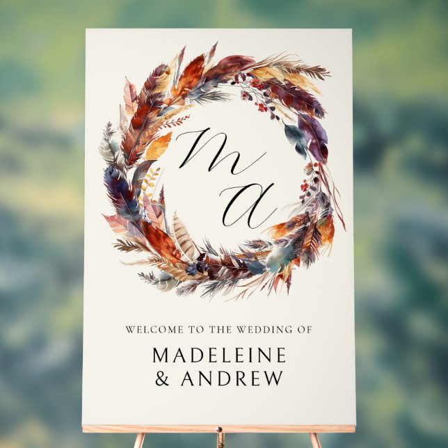 Monogram Boho Feathers Wreath Mariage Bienvenue (Neutre)