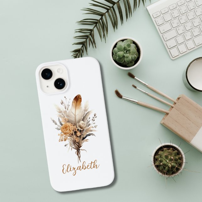 Monogram Boho Floral Brown Beige White Grey Case-Mate iPhone Case (Browns Grey White Boho Botanical Floral Monogrammed iPhone case)