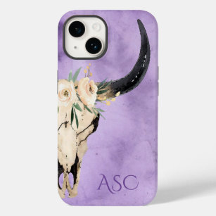 Monogram Boho Floral Skull on Purple Background Case-Mate iPhone 14 Case