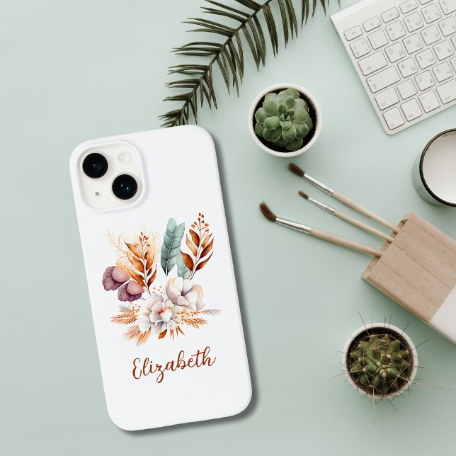 Monogram Boho Floral Terracotta Blue Purple Case-Mate iPhone Case (Terracotta Purple Blue Boho Floral Botanical Monogrammed iPhone Case)