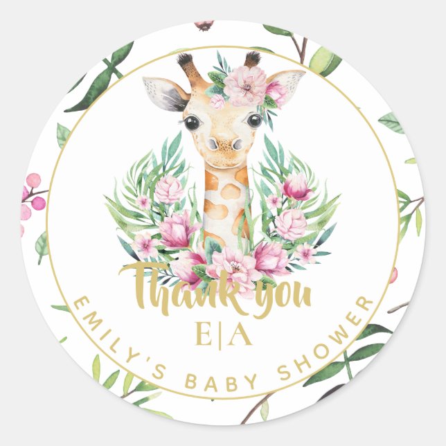 Monogram Boho Giraffe Baby Shower Floral Favour Ta Classic Round Sticker (Front)