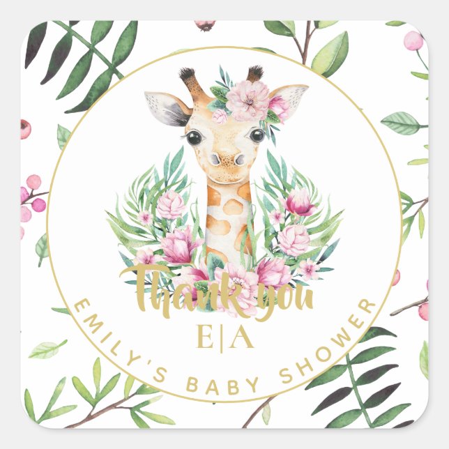 Monogram Boho Giraffe Baby Shower Floral Favour Ta Square Sticker (Front)