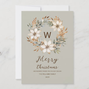 Monogram Boho Natural Winter Wreath Christmas Holiday Card