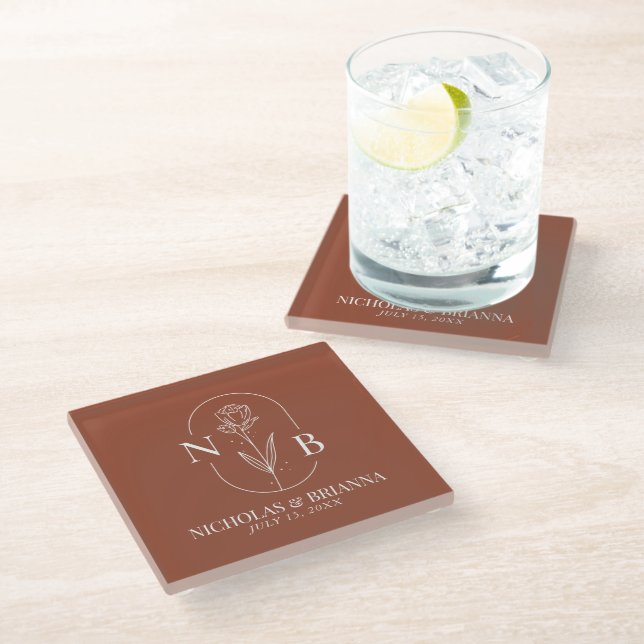 Monogram Boho Terracotta Burnt Orange Wedding Glass Coaster (Angled)