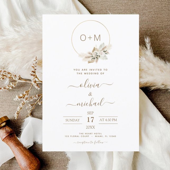 Monogram Boho Tropical Pampas Grass Wedding Invita Invitation (Creator Uploaded)