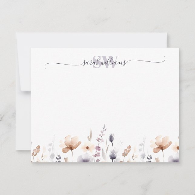 Monogram Boho Watercolor Wildflower Script Name Card (Front)