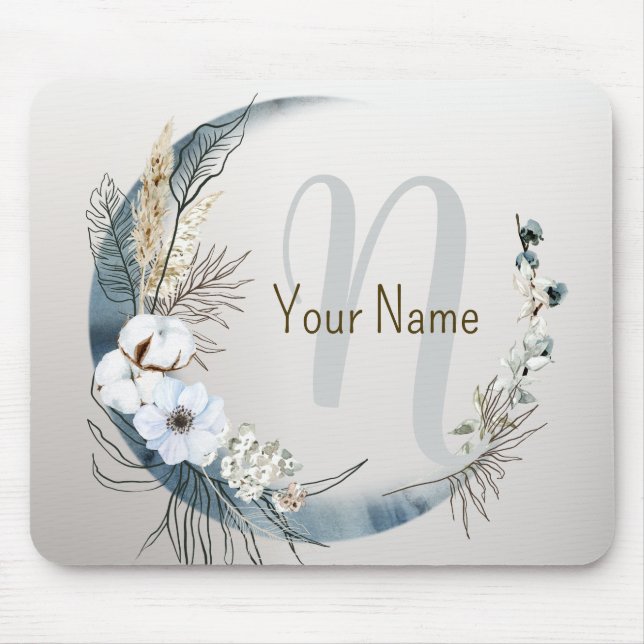 Monogram Boho White Orchid Flowers Blue Moon Mouse Pad (Front)