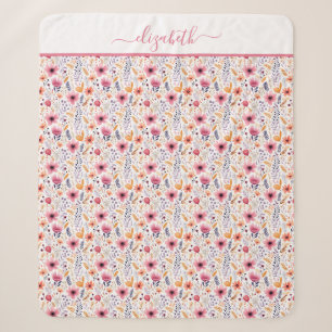Monogram Boho Wildflower Pink Orange Purple Floral Sherpa Blanket