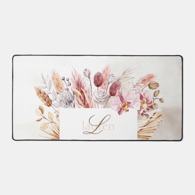 Monogram Boho Wildflower Watercolor Desk Mat (Front)