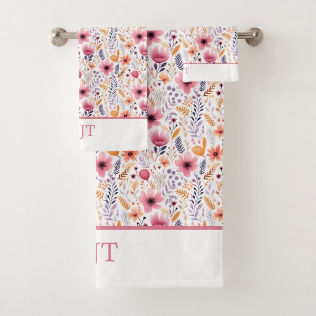 Monogram Boho Wildflowers Pink Purple Orange Beige Bath Towel Set (Insitu)