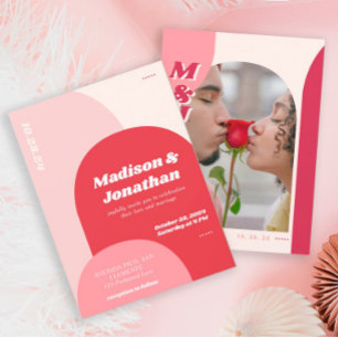Monogram Bold Pink Red Retro Arch Wedding Invitation