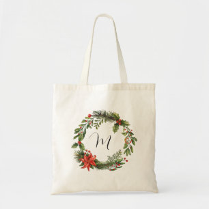 Monogram Botanical Christmas Wreath Tote Bag