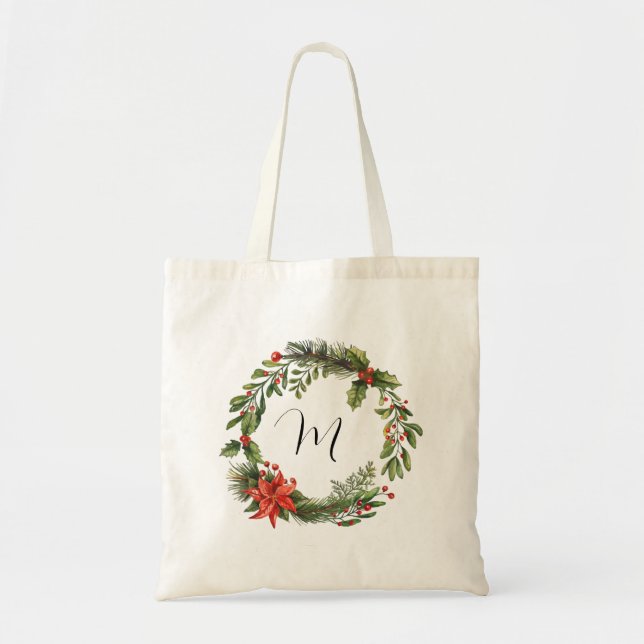 Monogram Botanical Christmas Wreath Tote Bag (Front)