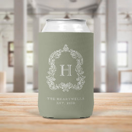 Monogram Botanical Crest Sage Green Wedding Can Cooler
