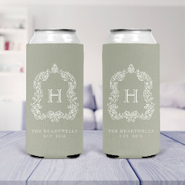 Monogram Botanical Crest Sage Green Wedding Seltzer Can Cooler