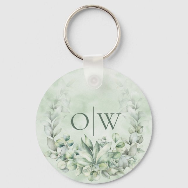 Monogram Botanical Eucalyptus Wedding Favour Keychain (Front)