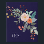 Monogram Botanical Faux Canvas Print<br><div class="desc">A colourful spray of graphic botanical flowers decorate this faux canvas and it can be personalized with three monogram initials. The background is a rich navy blue.</div>