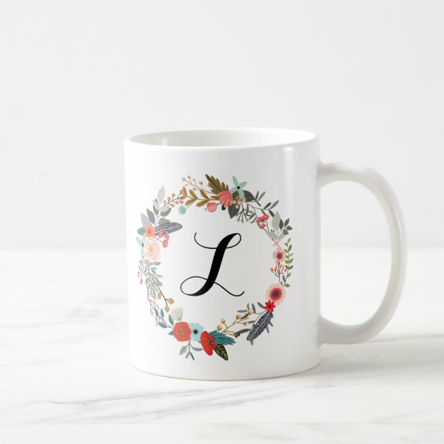 Monogram Botanical Flower Wreath Coffee Mug (Right)
