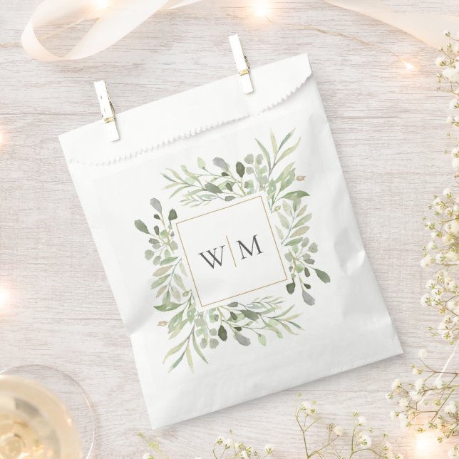 Monogram Botanical Greenery Foliage Wedding Favour Bag (Clipped)