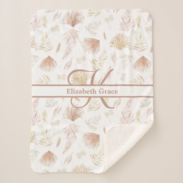Monogram Botanical Rose Gold Neutral Terracotta  Sherpa Blanket (Front)
