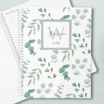 Monogram Botanical Watercolor  Planner<br><div class="desc">This pretty planner features a pattern of watercolor green leaves on a white background,  overlaid with a rectangle with your monogram,  name and year.
All the text is customizable.
The reverse of the planner also features the leaves pattern on a white background.
Original Watercolor © Michele Davies.</div>