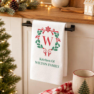 Monogram Botanical Wreath Christmas Family Name Kitchen Towel