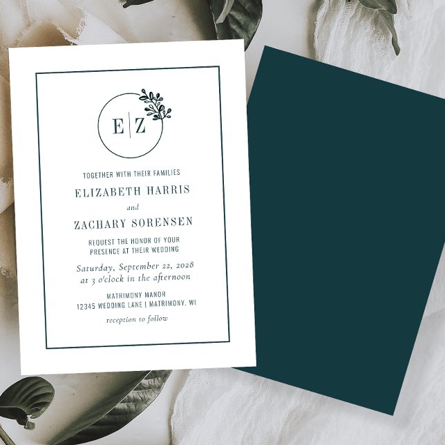 Monogram Botanical Wreath Emerald Green Wedding Invitation (Creator Uploaded)