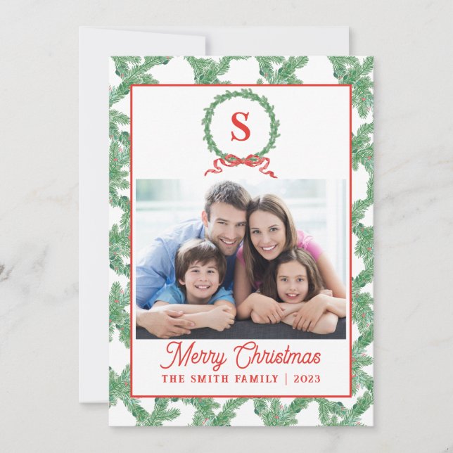 Monogram Bow Wreath Christmas Card (Front)
