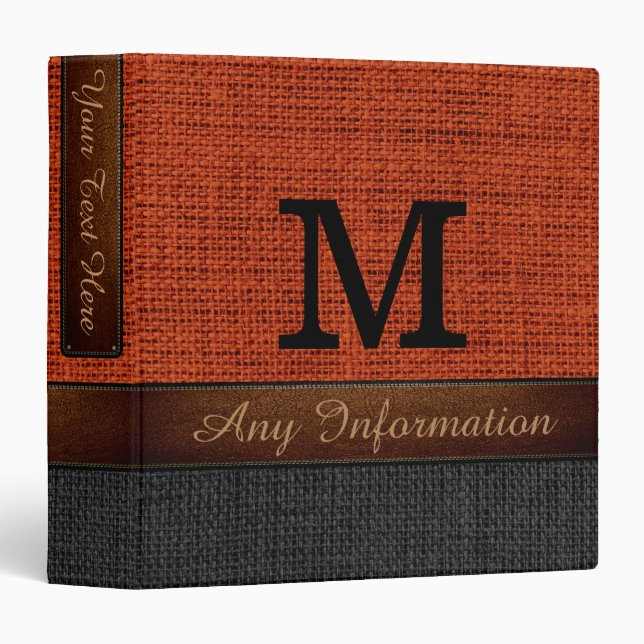 Monogram Brick Red & Black Burlap Rustic Jute Binder (Front/Spine)