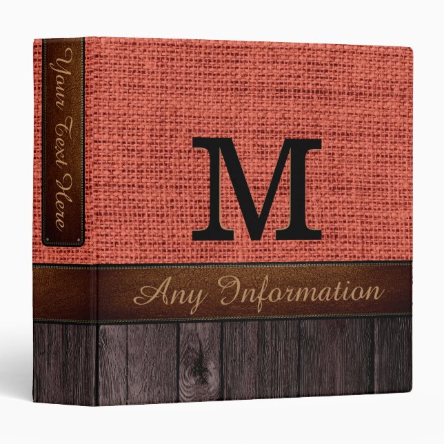 Monogram Brick Red Burlap Rustic Jute Look Wood Binder (Front/Spine)