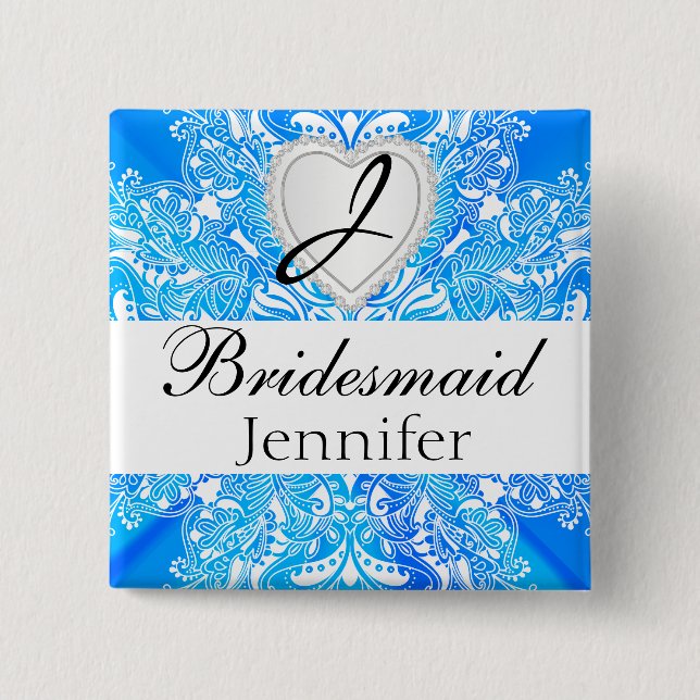 Monogram Bridal Party Blue Satin Design 2 Inch Square Button (Front)