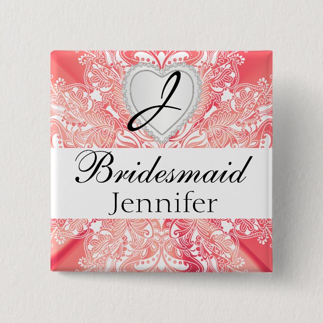 Monogram Bridal Party Coral Satin Design 2 Inch Square Button (Front)