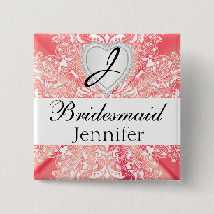 Monogram Bridal Party Coral Satin Design 2 Inch Square Button